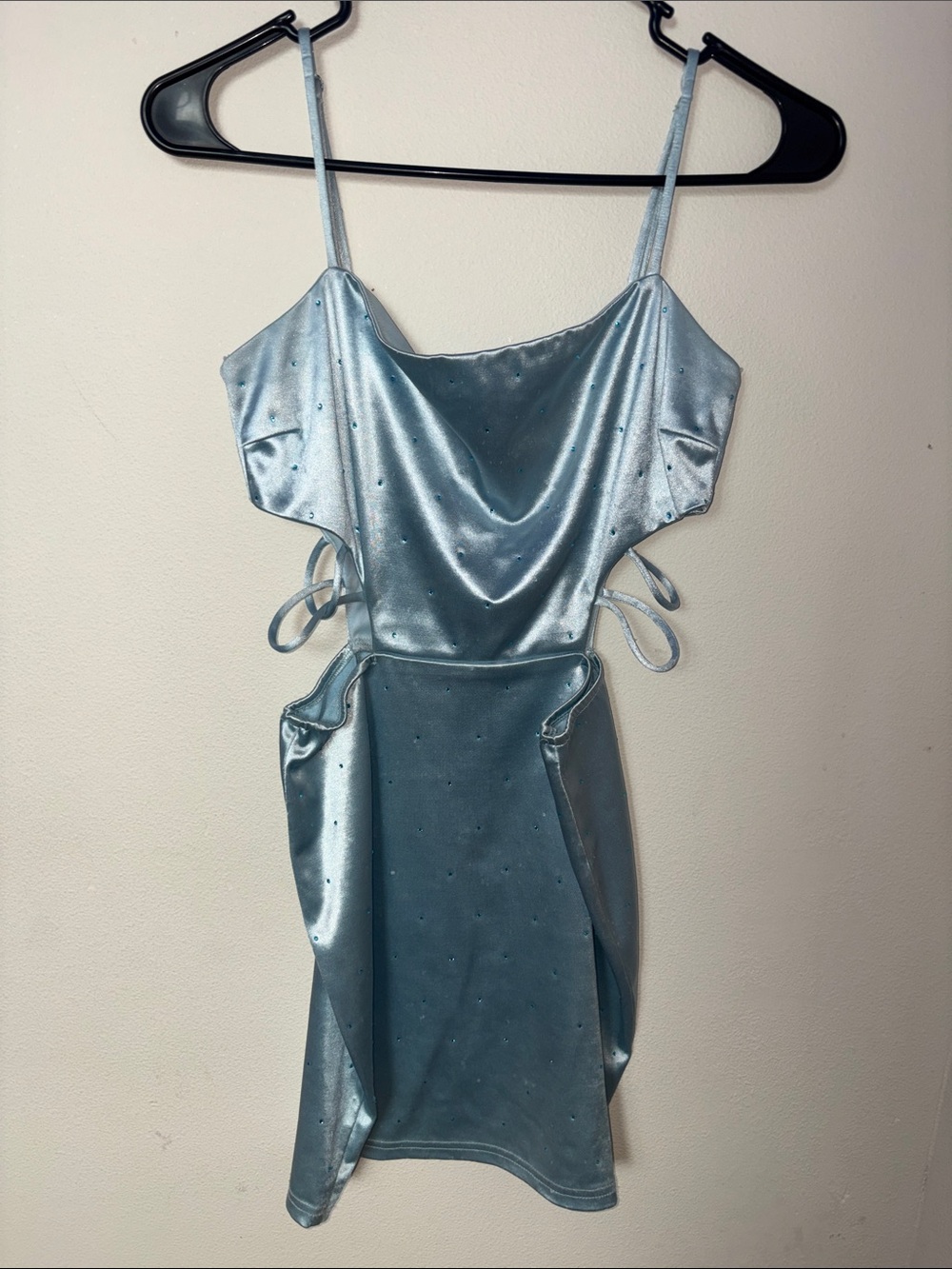 Windsor Light Blue Satin Cowl Mini Dress with Side Tie Details